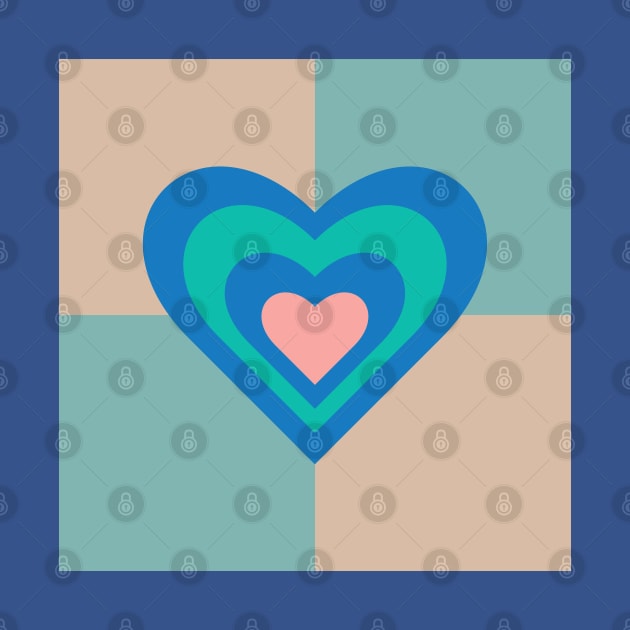 LOVE HEARTS CHECKERBOARD Retro Alt Valentines in Royal Blue Turquoise Pink on Beige Aqua Geometric Grid - UnBlink Studio by Jackie Tahara by UnBlink Studio by Jackie Tahara