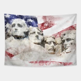 Mount Rushmore with American flag waving in background watercolor Tapestry