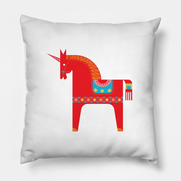 Scandinavian Fairy Tale in Bright Blue + Red Pillow by latheandquill