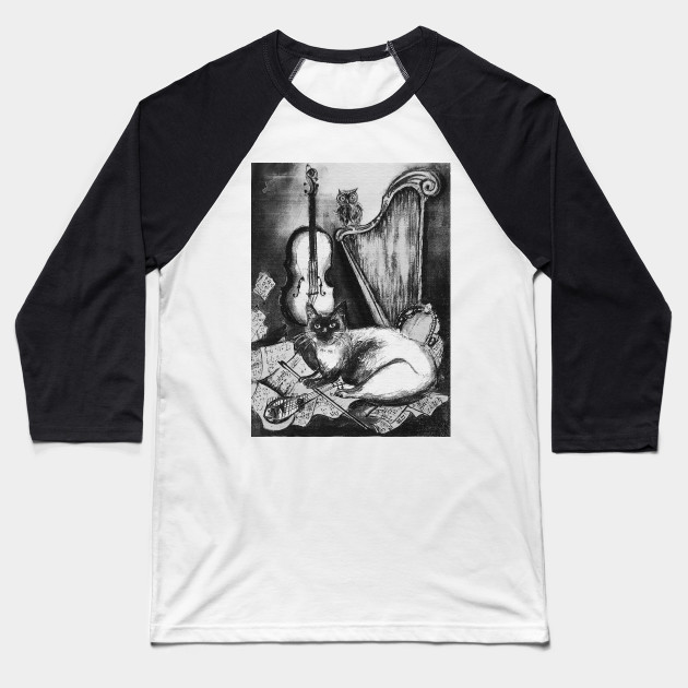 Musical Cat And Owl With Music Instruments In Black White Funny