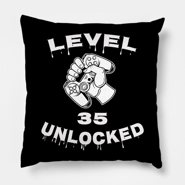 Level 35 Unlocked - Funny Mens 35th Birthday Gamer Pillow by Happysphinx