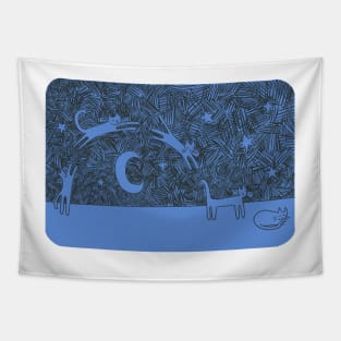 Blue Cat Jumps Over The Moon (to take a nap) Tapestry