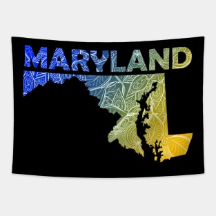 Colorful mandala art map of Maryland with text in blue and yellow Tapestry