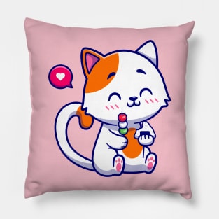 Cute Cat Eating Dango Mochi And Onigiri Cartoon Pillow