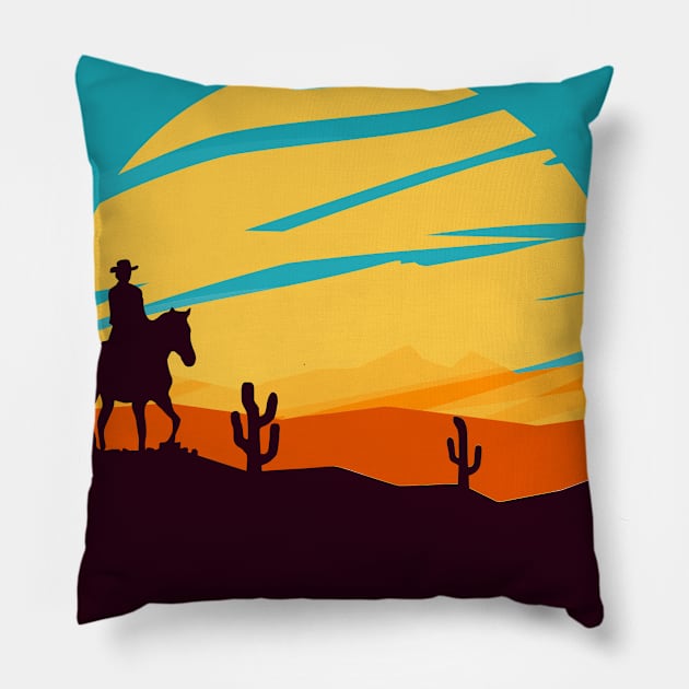 Lone rider - cowboy on horse at sunset Pillow by Montanescu