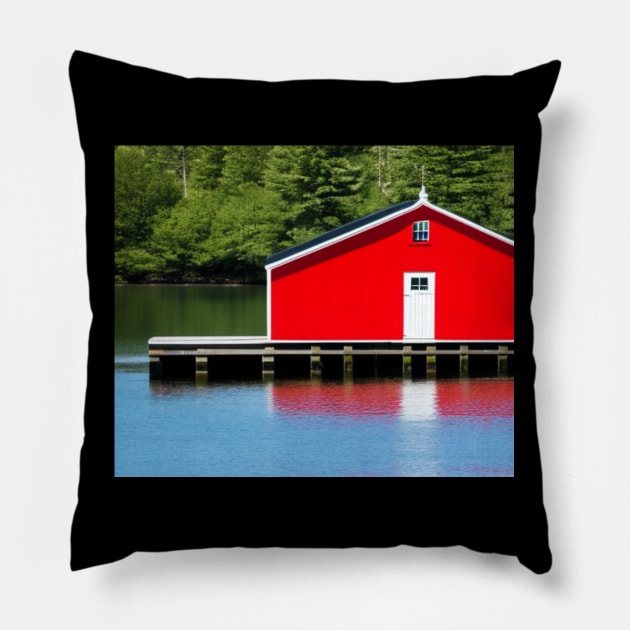 Red Boathouse Pillow by MtWoodson