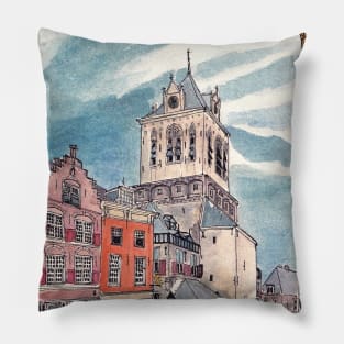 Cityhall Delft Netherlands Watercolor Illustration Pillow