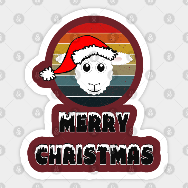 Funny Sheep Face White Cartoon With Santa Claus Hat On Retro Sunset Circle Stripes Grunge Background Merry Christmas Snow Lettering. FUNNY ANIMALS COLLECTION, 2/12 - Noel - Sticker