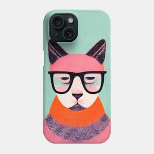 The Hipster Cat Retro Poster Vintage Art Cat Wall Glasses Pink Illustration Phone Case