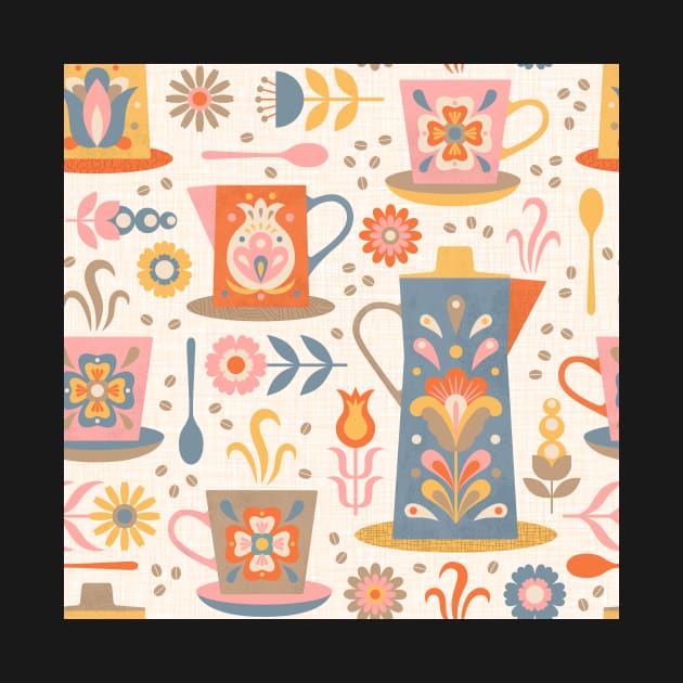 Scandinavian Coffee Break featuring  floral folk art decorated coffee pots and cups in blue, orange, pink and yellow by missmewow