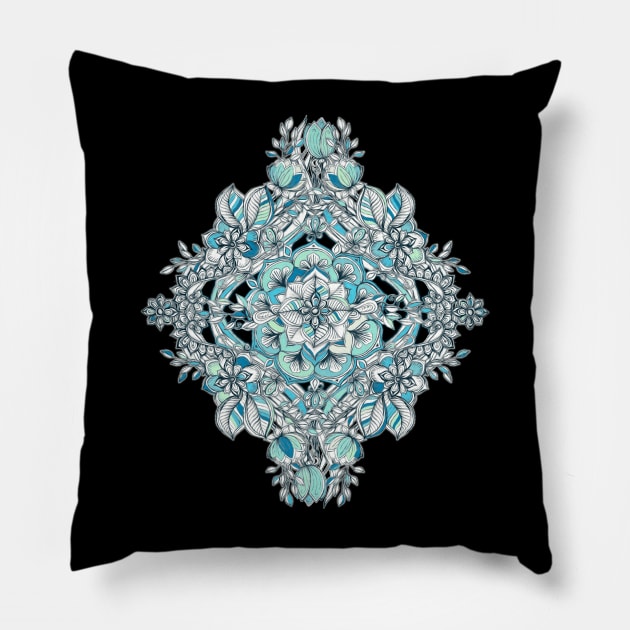 Floral Diamond Doodle in Teal and Turquoise Pillow by micklyn