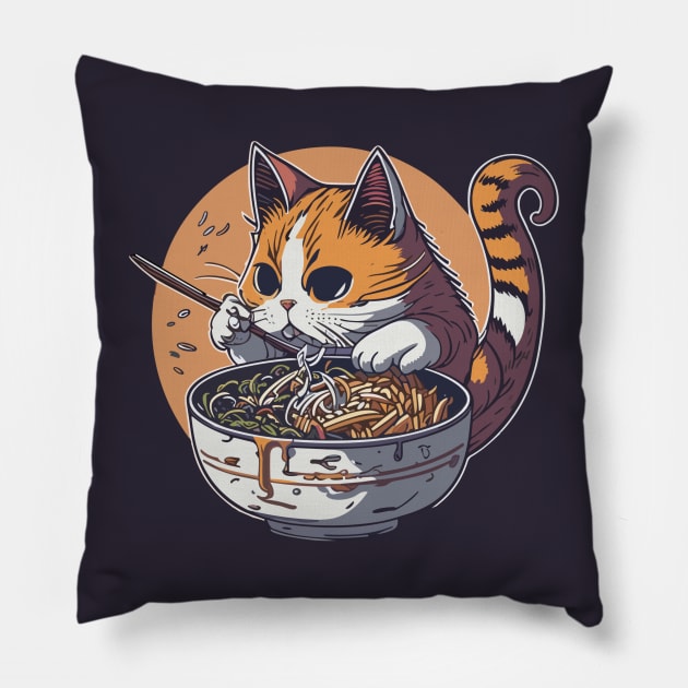 Cat eating ramen Pillow by DesignVerseAlchemy