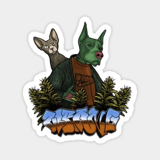 Crazy Dog with Cat in Bush Magnet