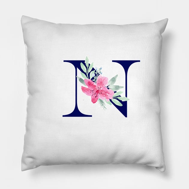 Watercolor Floral Letter N in Navy Pillow by Harpleydesign