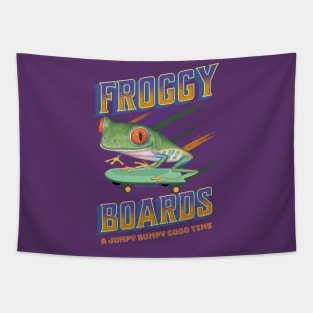 Cute and Funny Froggy Boards with a Red eyed Tree Frog riding a skateboard having a jumpy bumpy good time Tapestry