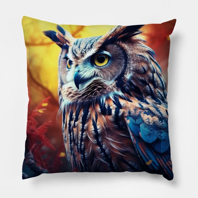 Owl Animal Bird Wildlife Wilderness Colorful Realistic Illustration Pillow by Cubebox