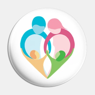 Heart shaped family logo. Mother, father, little boy and little girl Pin