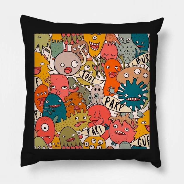 Burping and farting silly monsters Pillow by Kimmygowland