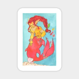 MerMay Red Braided Merman with Pearl Watercolor Magnet