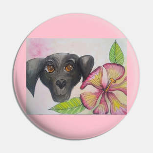 Black puppy and flower Pin