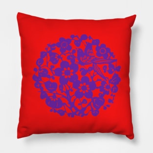 Traditional Chinese Paper Cutting Floral Pattern - Hong Kong Retro Bright Red with Purple Symbol Pillow