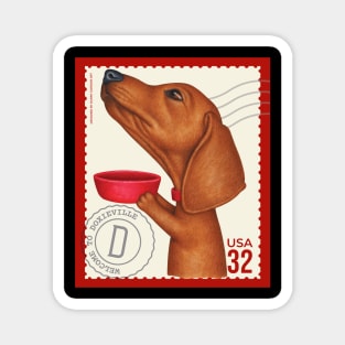 Cute dachshund wants another treat on vintage stamp Magnet