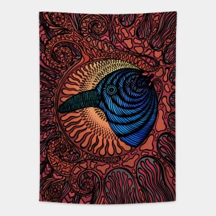 Crow - bird drawing (blue and red version) Tapestry