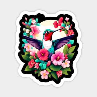 Cute Ruby Throated Hummingbird Surrounded by Spring Flowers Magnet