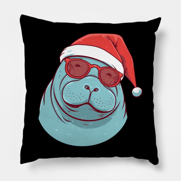 manatee in a Christmas hat Pillow by GraphGeek