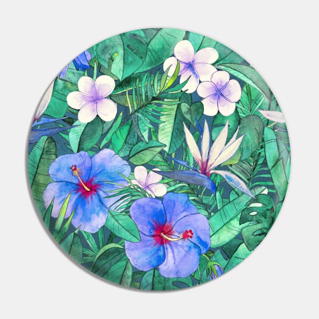 White Bird of Paradise & Blue Hibiscus Tropical Garden Pin by micklyn