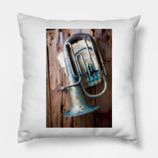 Weathered Tuba Hanging On Old Wall Pillow