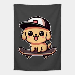 Golden Retriever Puppy On A Skateboard Kawaii Skateboarding Dog Tapestry