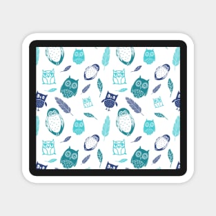 Blue teal owls and feathers Pattern Magnet