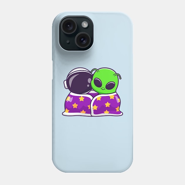 Cute Astronaut And Alien Wearing Blanket Together Cartoon Phone Case by Catalyst Labs