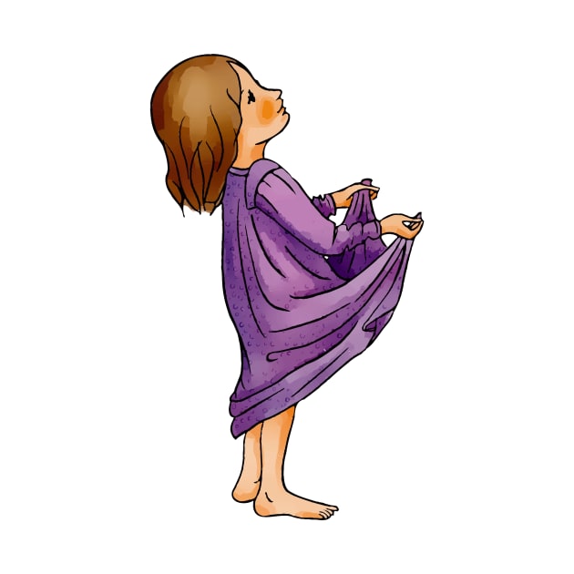 Cute little blond toddler girl in purple jammies is ready to catch something in her held out pyjamas. by Sissely