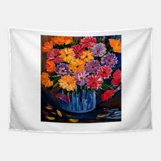 A beautiful bouquet flowers in a glass and gold vase . Tapestry