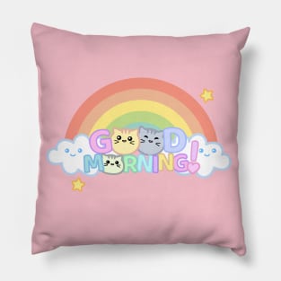 Kawaii Good Morning Chibi Cat Rainbow Pillow