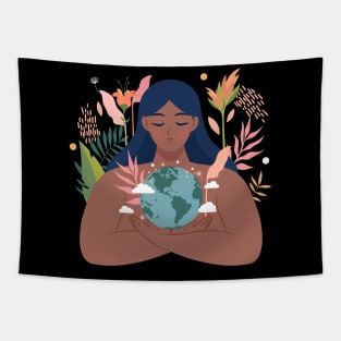 Mother Earth Dark Skinned Girl Hugging Planet Tapestry