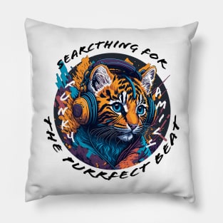 Cute Cub Wearing Headphones - black font Pillow