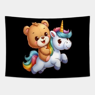 Cute Bear Riding a Happy Unicorn Kawaii Tapestry