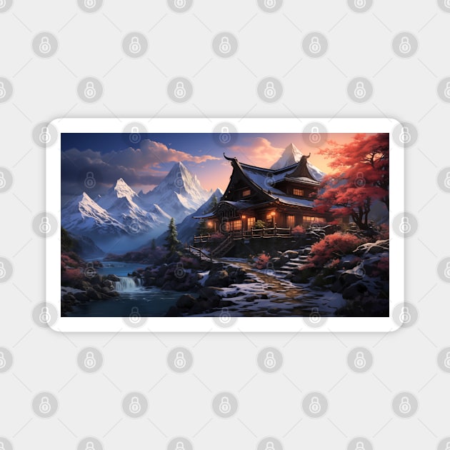 Beautiful house by the water There is a beautiful mountain scenery. Magnet by ToonStickerShop