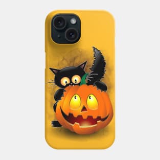 Cat Funny Halloween Cartoon Character biting a Pumpkin Phone Case