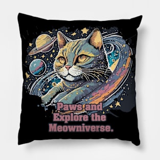 Paws and Explore the Meowniverse - Cute Cat in Space Design Pillow