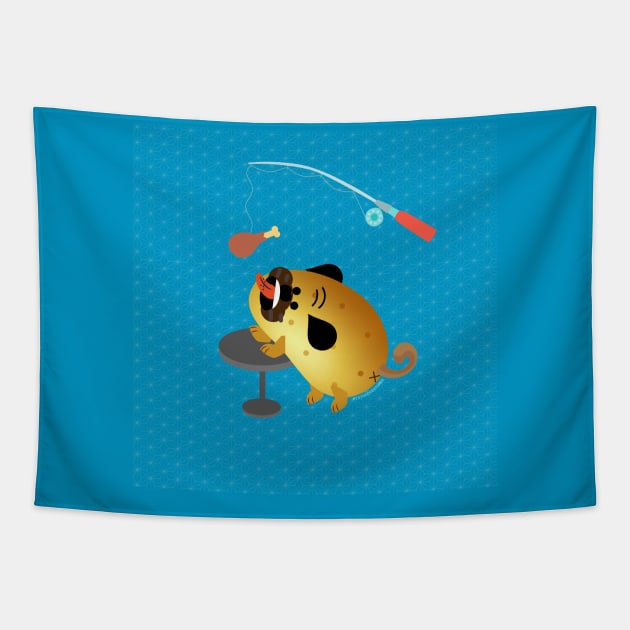 Potato Pug Chicken on Fishing Pole Tapestry by Tato Adventures