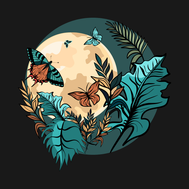 Tropical plants and butterflies with moonlight by Maria Zavoychinskiy 