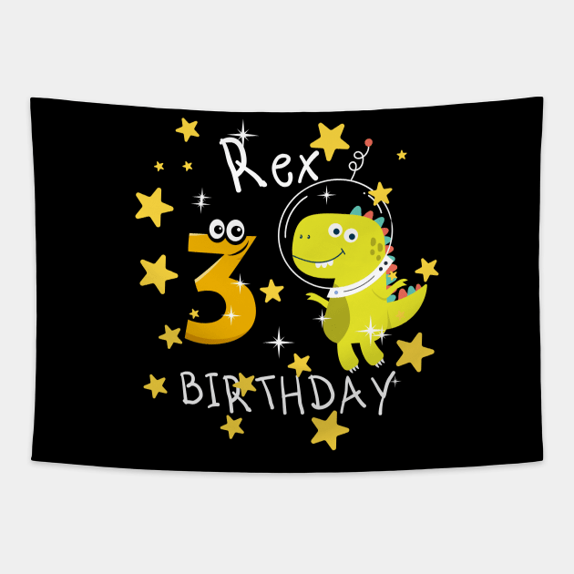 Kids 3 Year Old 3rd Birthday Boy T Rex Dinosaur Space Tapestry by Johner_Clerk_Design