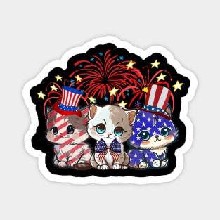 Funny Three Cat 4th Of July American Flag  Cat Magnet