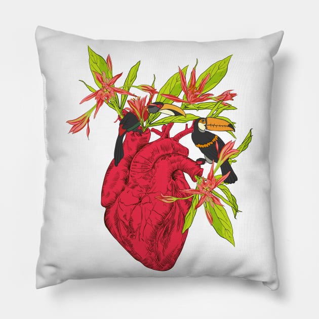 heart with flowers, leaves and birds Pillow by Olga Berlet