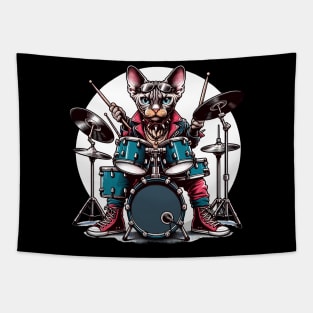 Devon Rex Cat Playing Drums Tapestry