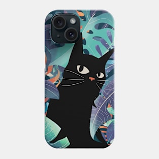 Black Cat With Monstera Leaves Phone Case